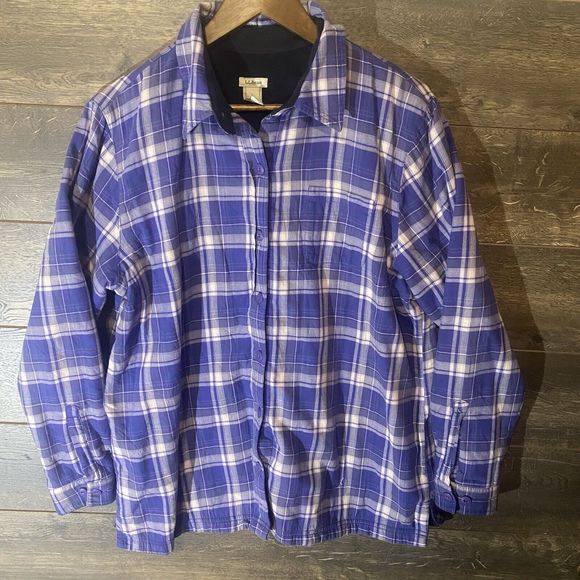 LL Bean Fleece Lined Flannel Shirt Men's L Traditional Fit Blue Plaid Shacket - Picture 1 of 5